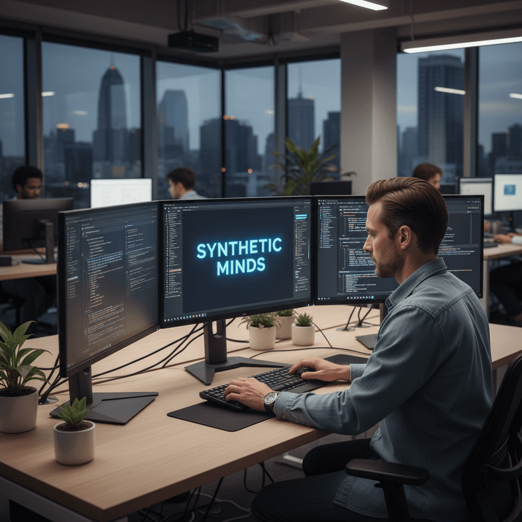 Software developer coding on multiple monitors